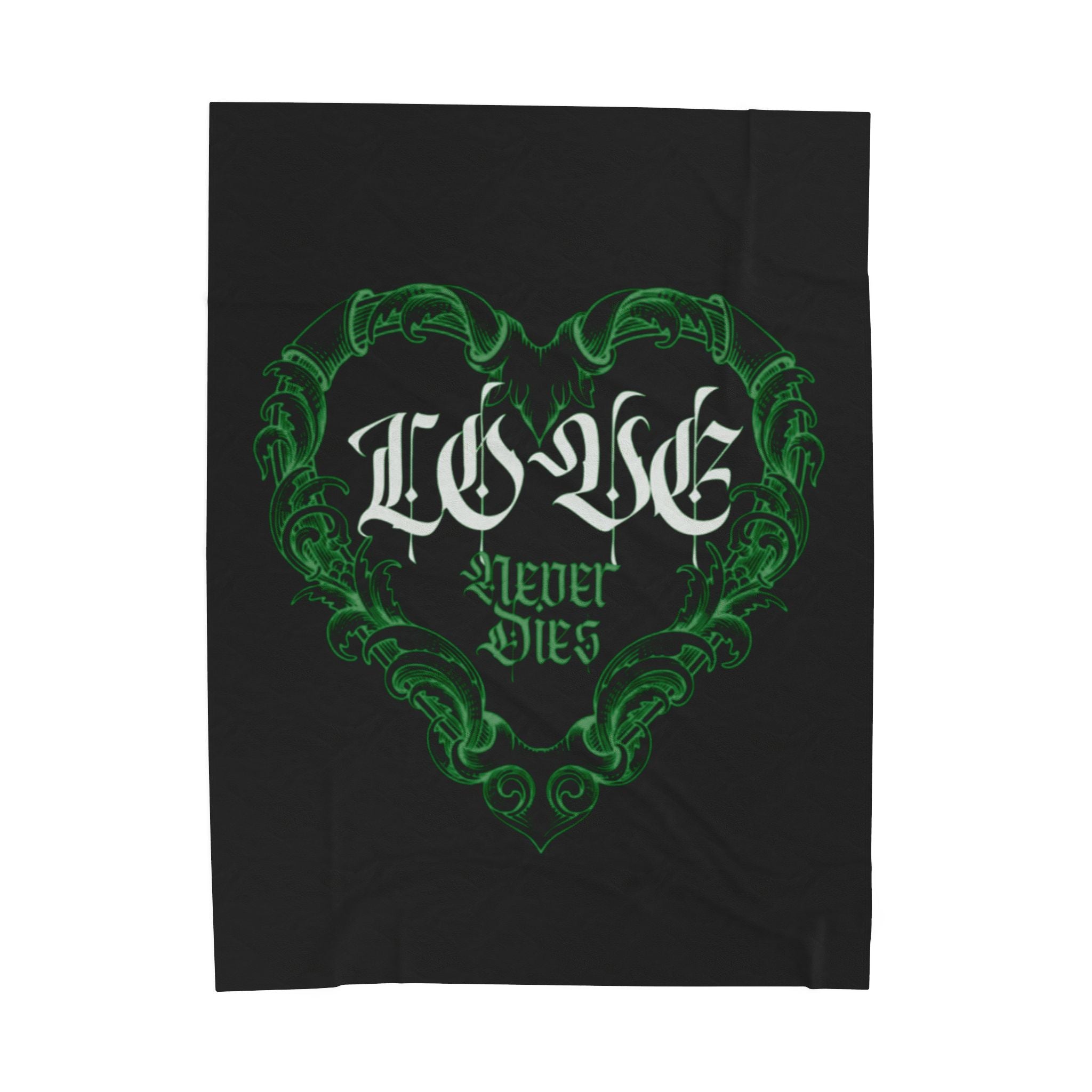 Velveteen Plush Blanket – Green Ornate Heart “Love Never Dies” Throw