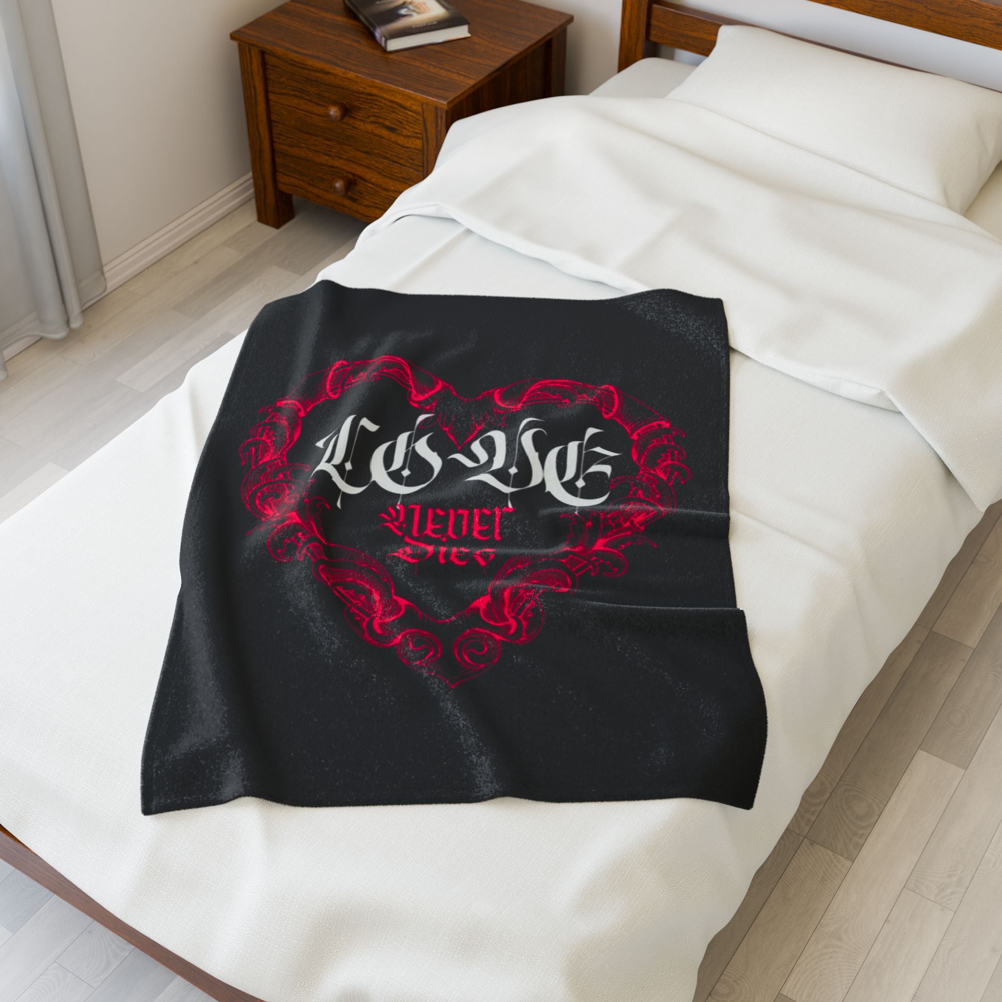Velveteen Plush Blanket — Gothic "Love Never Dies" Heart Throw