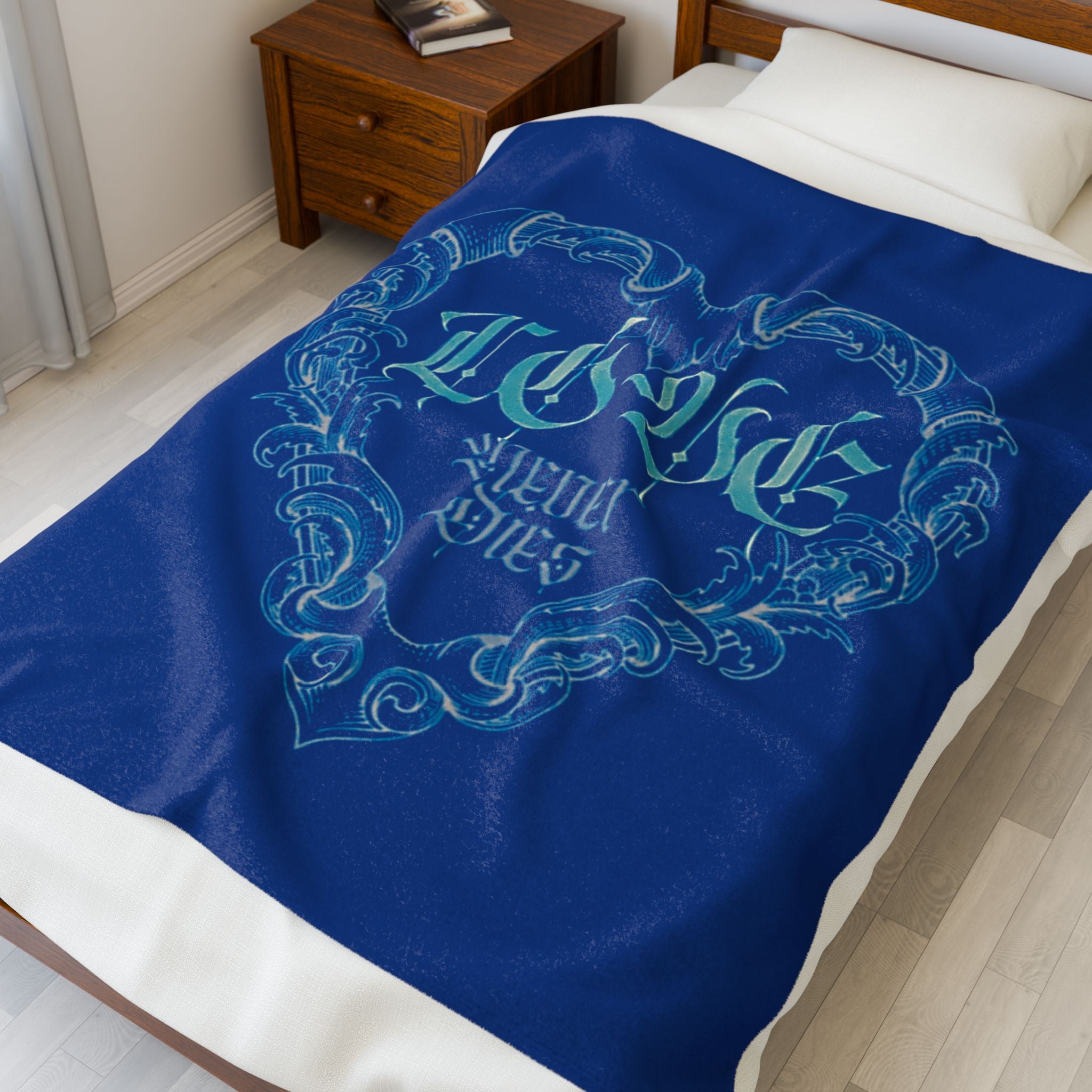 Plush Blanket — 'Love Never Dies' Blue Gothic Heart Velveteen Throw