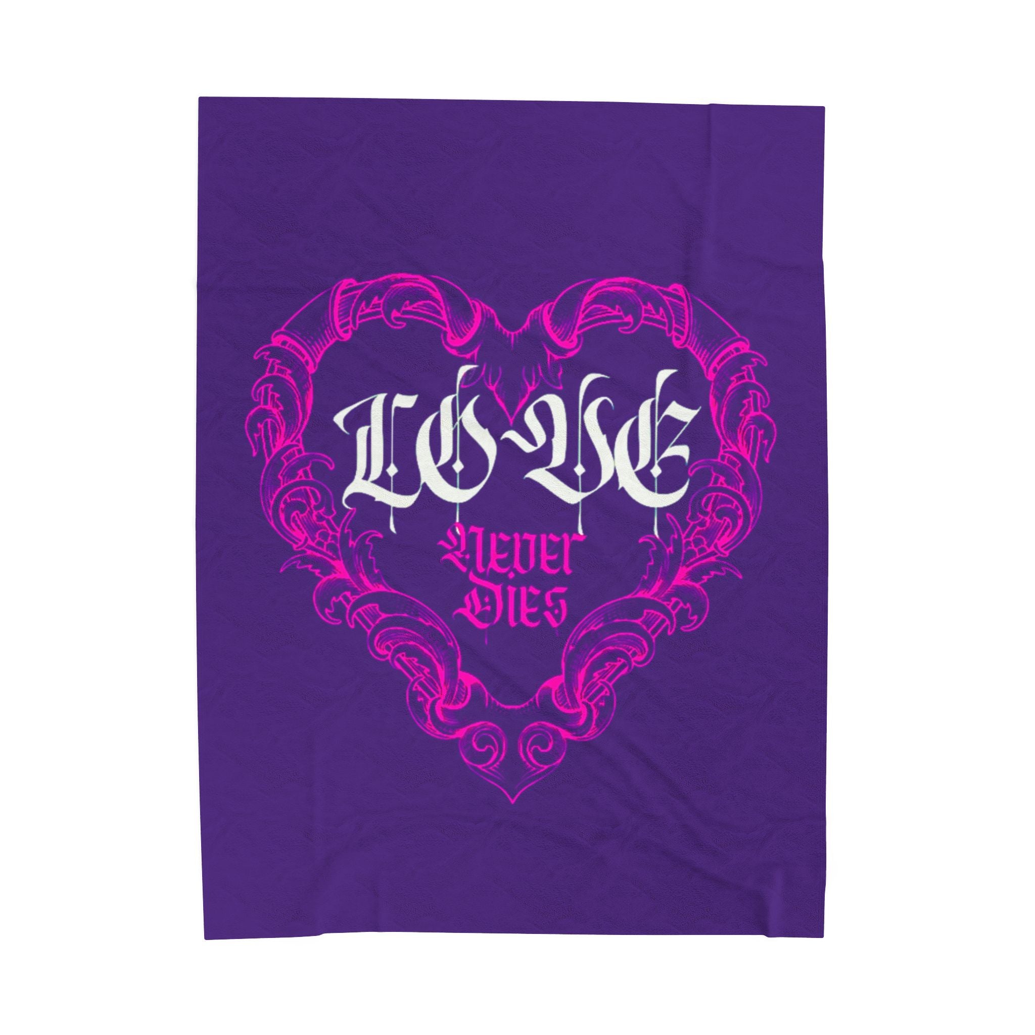 Velveteen Blanket - Pink Ornate Heart "Never Dies" Design, Cozy Gothic Romantic Throw