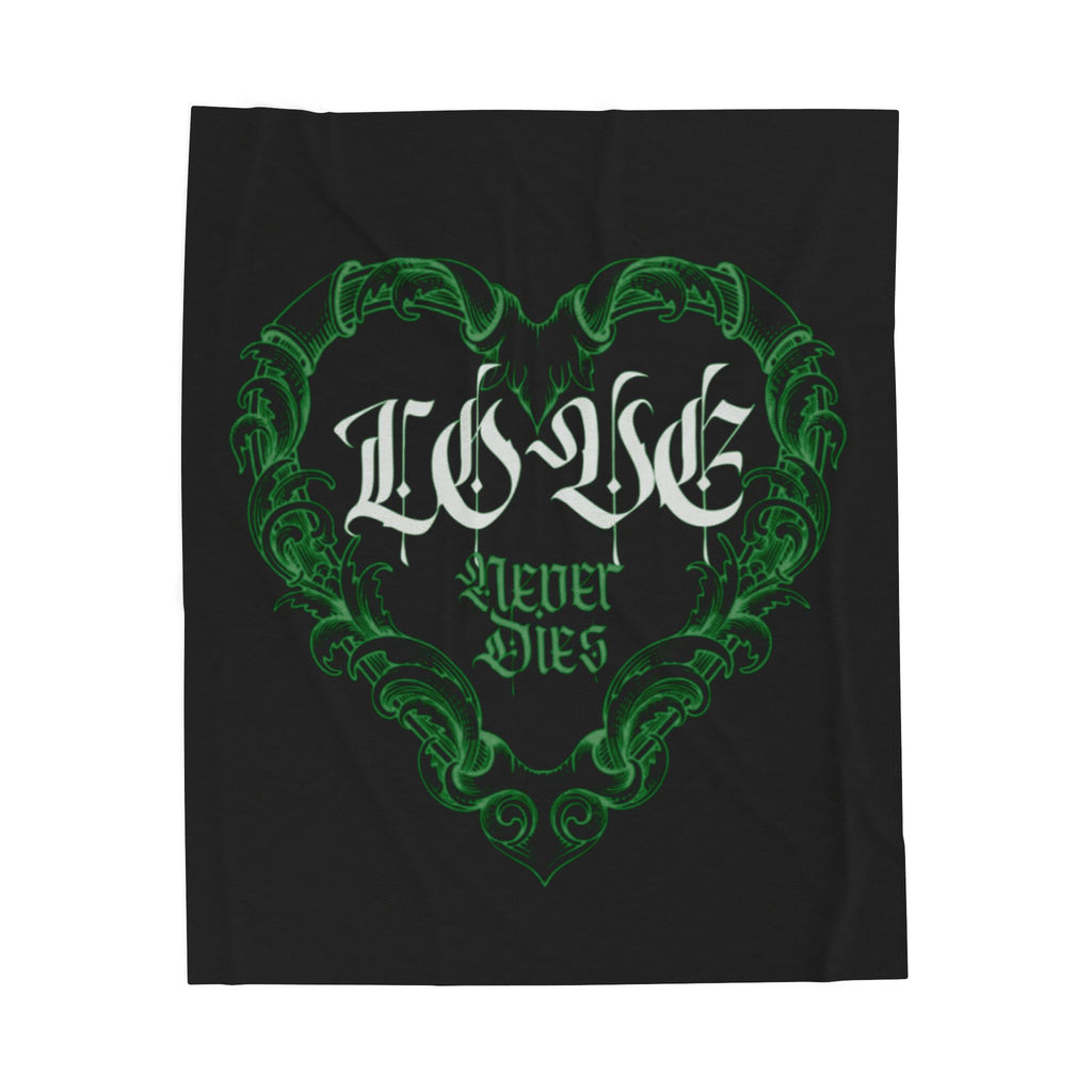 Velveteen Plush Blanket – Green Ornate Heart “Love Never Dies” Throw