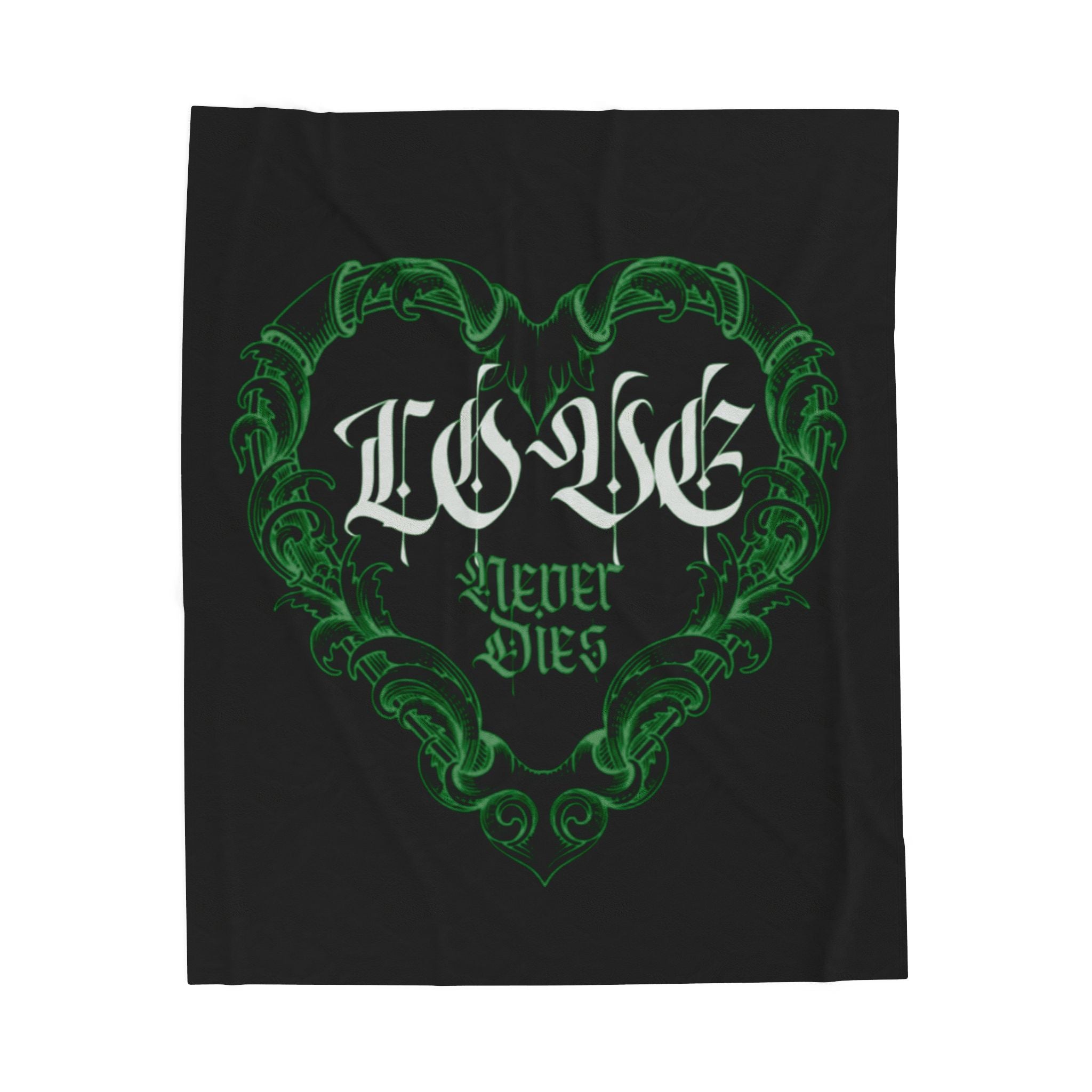 Velveteen Plush Blanket – Green Ornate Heart “Love Never Dies” Throw