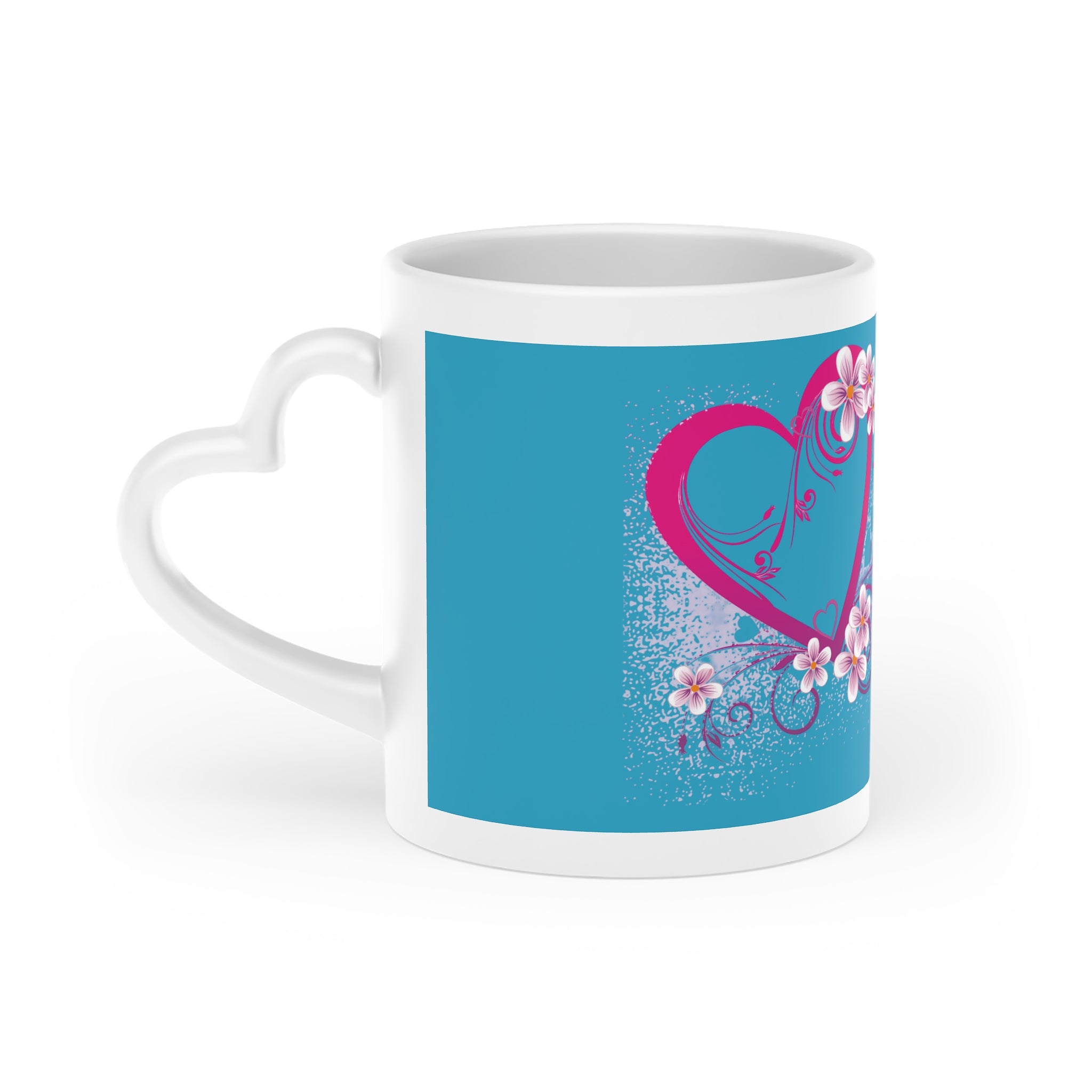 Love Floral Heart Mug — Romantic Pink Heart & Blossoms on Teal Coffee Cup