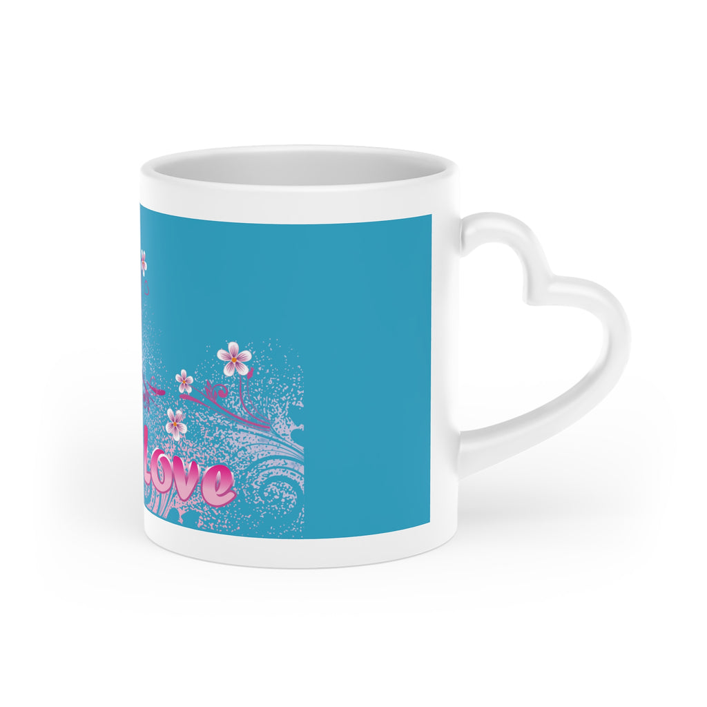 Love Floral Heart Mug — Romantic Pink Heart & Blossoms on Teal Coffee Cup