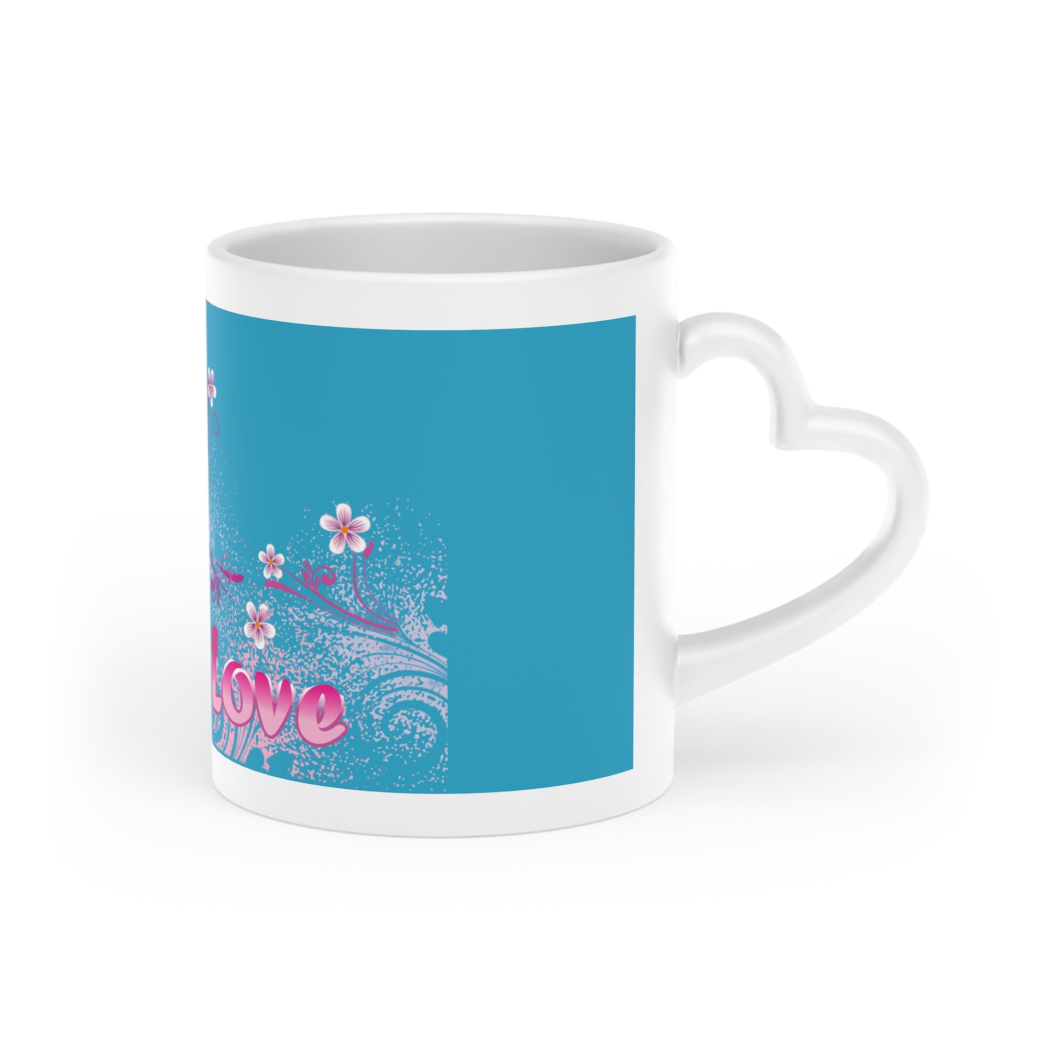 Love Floral Heart Mug — Romantic Pink Heart & Blossoms on Teal Coffee Cup