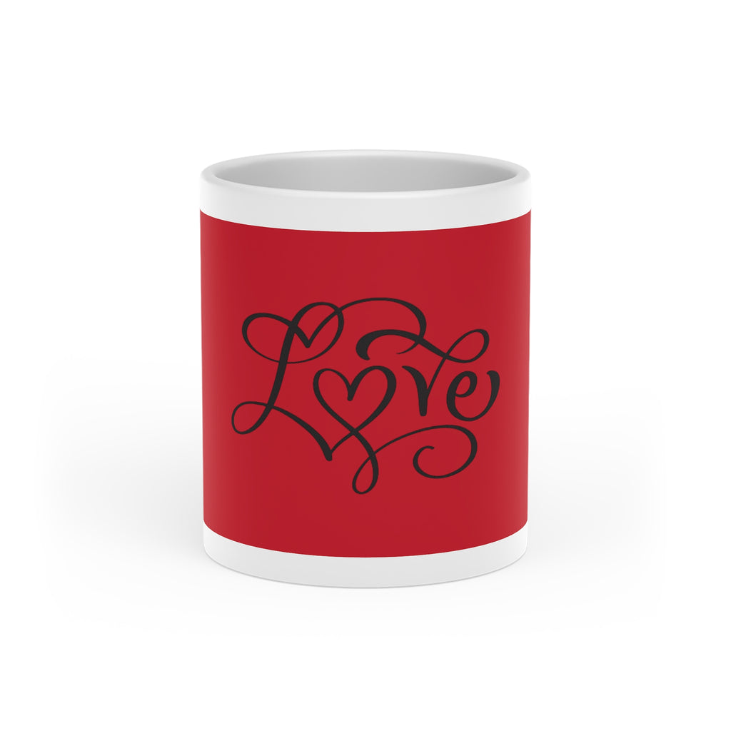 Love Script Heart Mug — Red Romantic Coffee Cup for Valentine’s Day