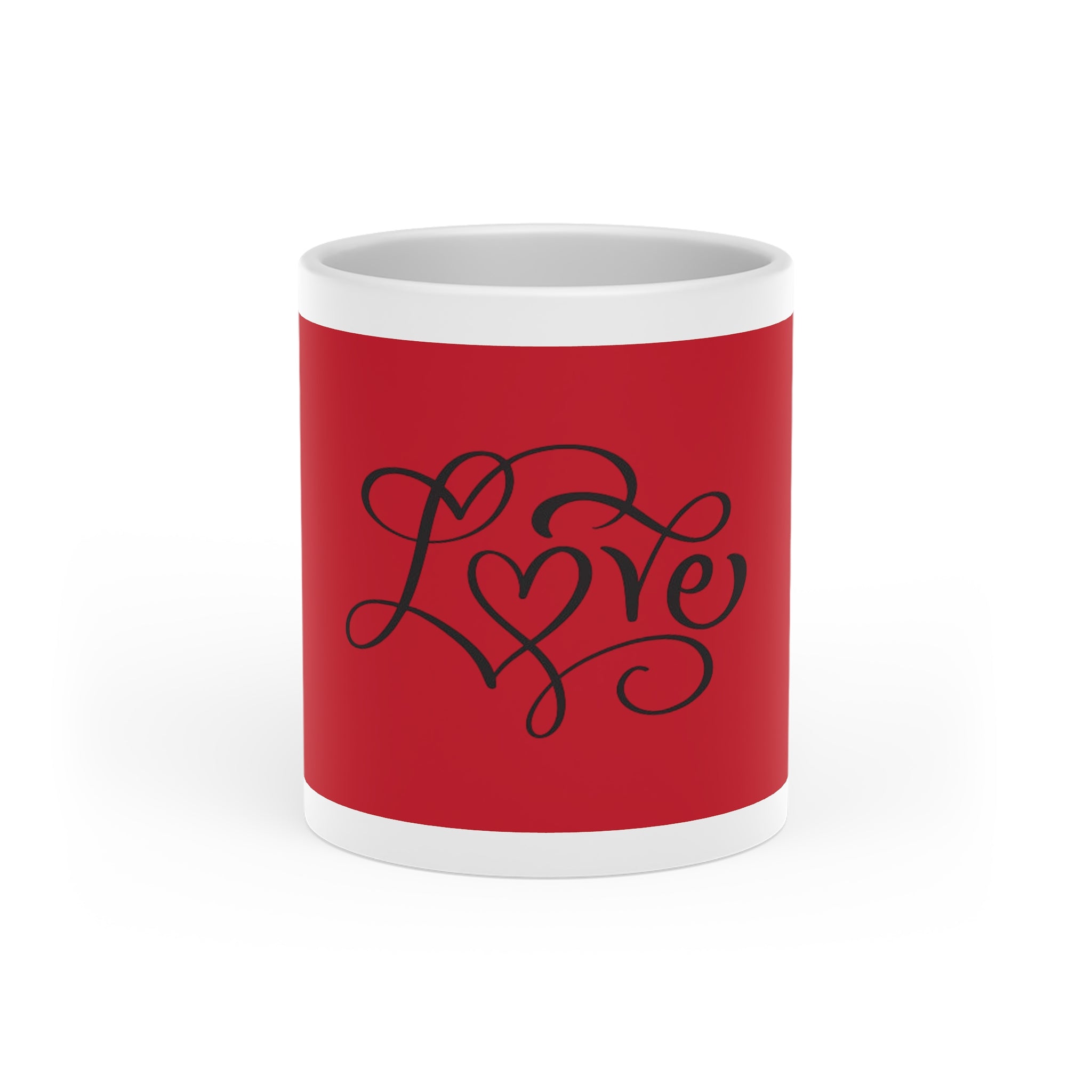 Love Script Heart Mug — Red Romantic Coffee Cup for Valentine’s Day