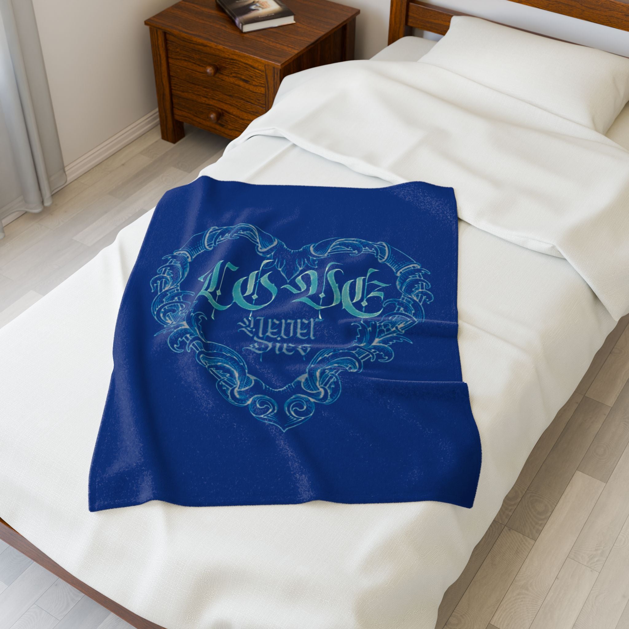 Plush Blanket — 'Love Never Dies' Blue Gothic Heart Velveteen Throw