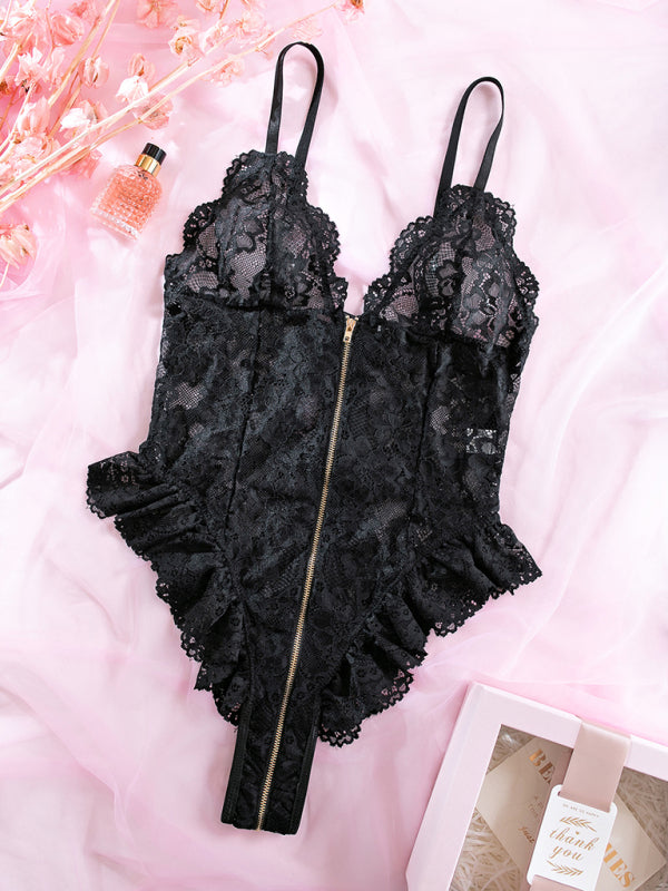 Lace Zipper Backless Bodysuit