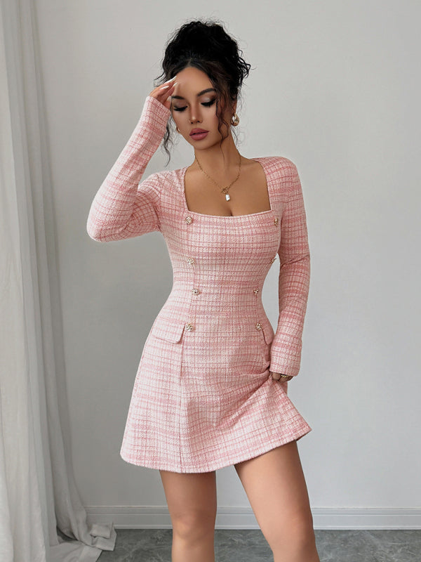 Fashionable plaid long sleeve skirt dress
