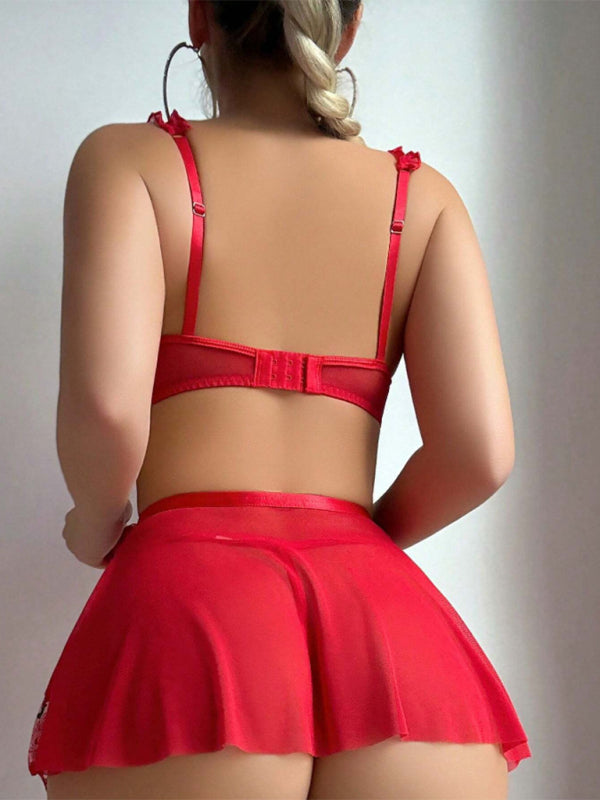 Red Embroidered Lingerie Set (3 Pieces)