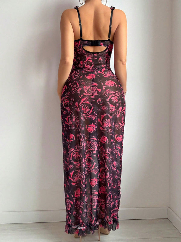 New women's floral print halter dress with slit, sexy lingerie
